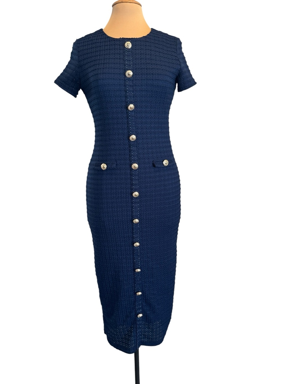Navy Short-Sleeve Knit Button-Front Sheath shirt Midi Dress Gold Buttons Medium